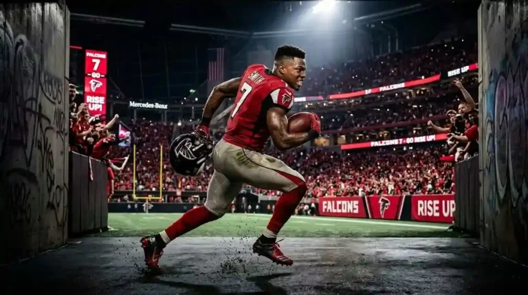 Atlanta Falcons running back Bijan Robinson wearing number 7 jersey, sprinting through the stadium tunnel onto the football field under bright lights.