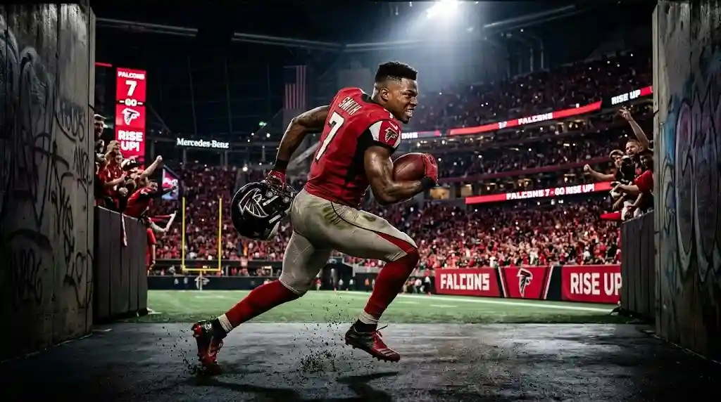 Atlanta Falcons running back Bijan Robinson wearing number 7 jersey, sprinting through the stadium tunnel onto the football field under bright lights.
