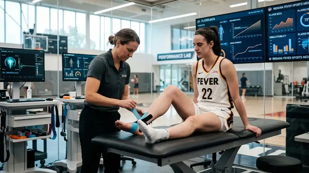 Female basketball player receiving ankle taping in a sports medicine facility for caitlin clark injury analysis