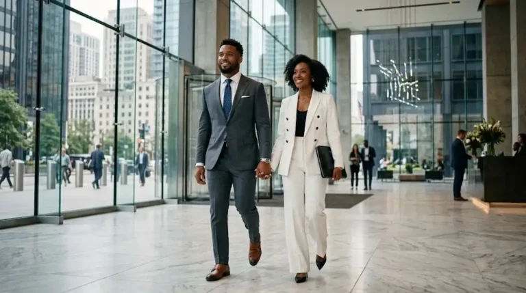 Jalen Hurts wife walking side-by-side with her husband in an executive suit.