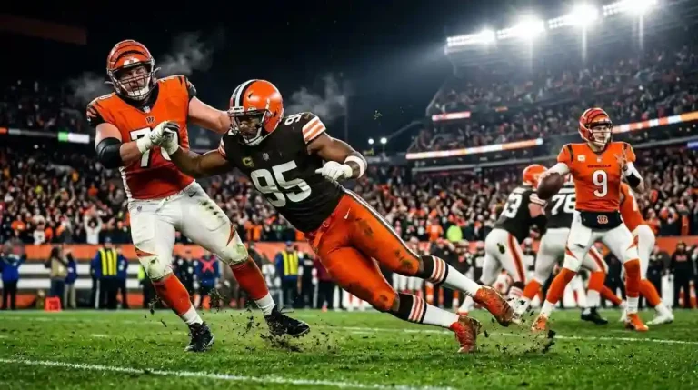 Myles Garrett sacks the quarterback after beating an offensive tackle in a night NFL game.