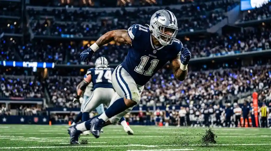 micah parsons exploding off line of scrimmage in navy blue dallas cowboys uniform number 11